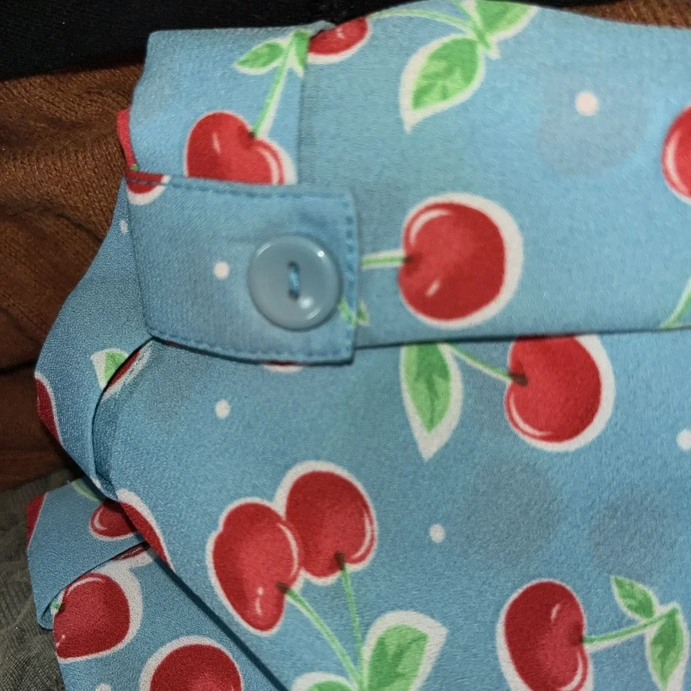 BonWorth Womens Cherry Print Button Up Blouse Blue Polka Dot Short Sleeve Large - Picture 3 of 4